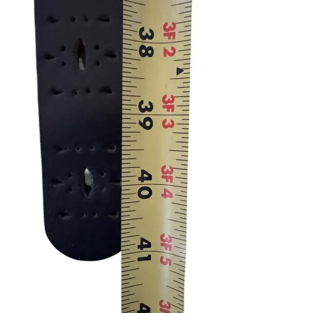 Womens Black Genuine Leather Belt Perforated Brushed Metal Buckle Boho Western L